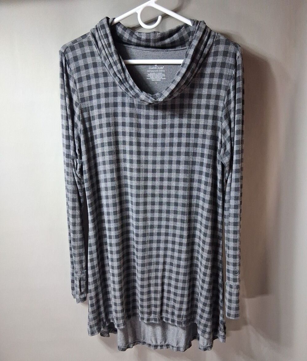 Cuddl Duds Softwear Stretch Tunic‎ Top Womens Large Black Check Cowl Neck Modal